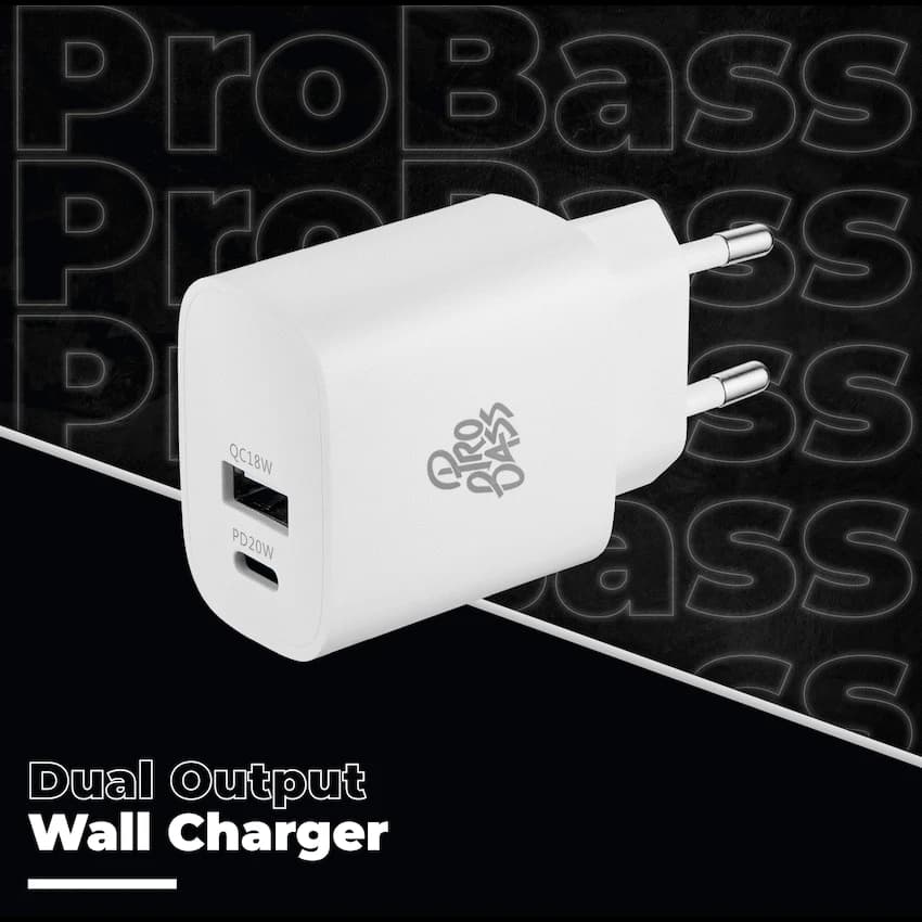 Pro Bass Rapidcharge Series 20w+18w Dual USB and Type-C Wall Charger