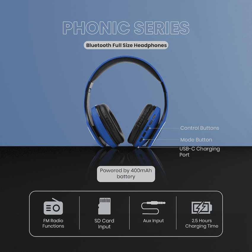 Volkano Phonic Series Bluetooth Full Size Headphones