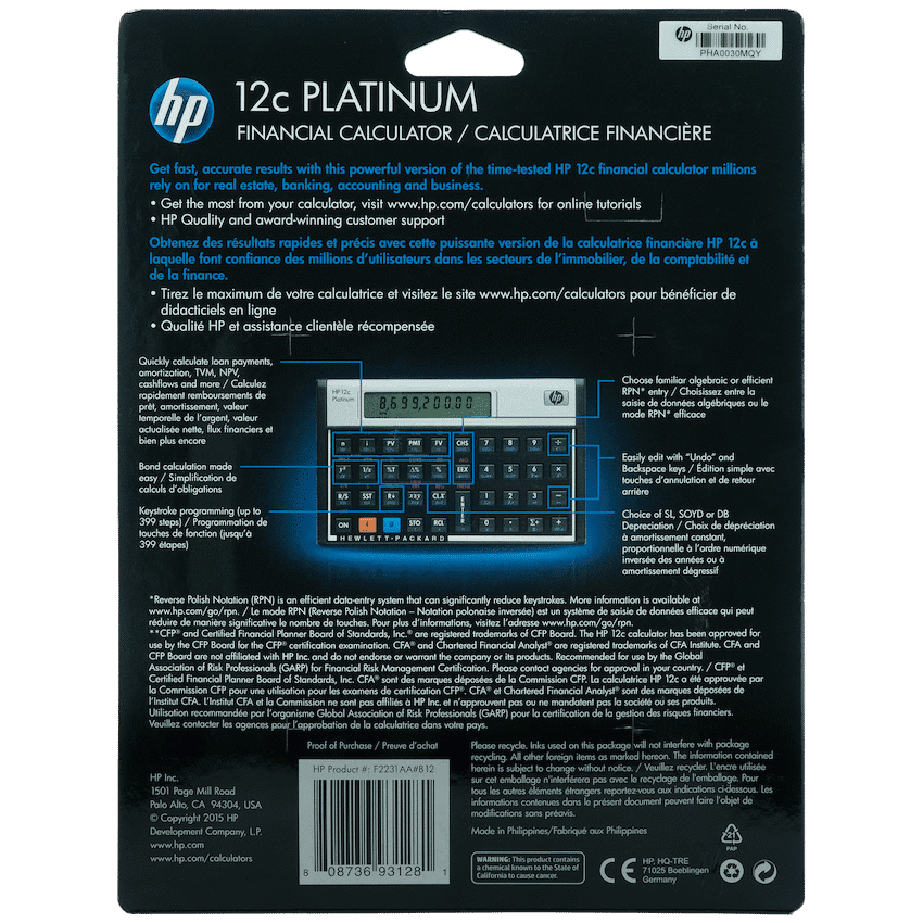 HP 12C Platinum Financial Calculator (Algebraic or RPN)