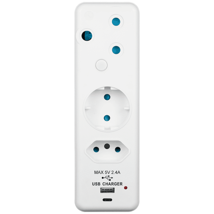 Ellies 3-Way Schuko Adaptor with Type-C + USB - White