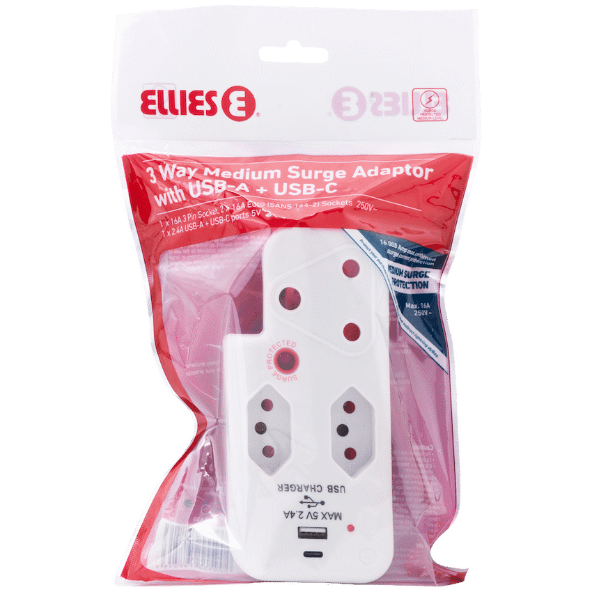 Ellies 3 Way Medium Surge Adaptor with Type C + USB - White