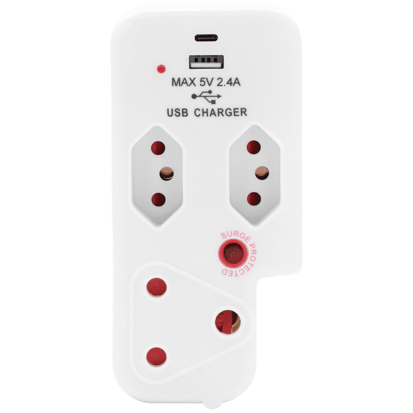 Ellies 3 Way Medium Surge Adaptor with Type C + USB - White