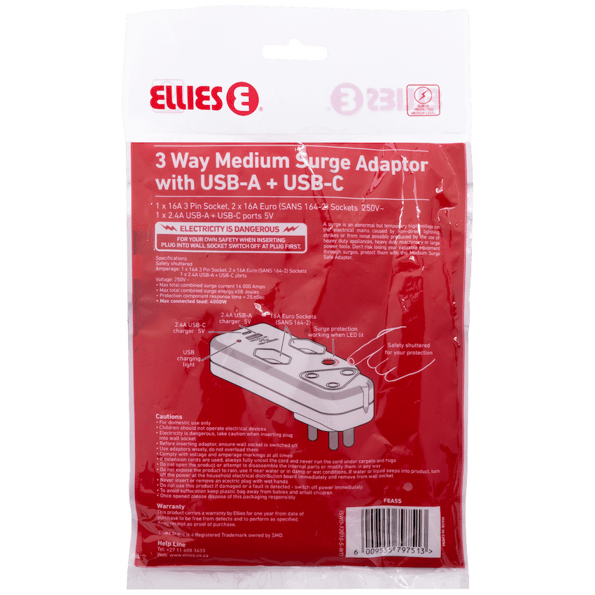 Ellies 3 Way Medium Surge Adaptor with Type C + USB - White