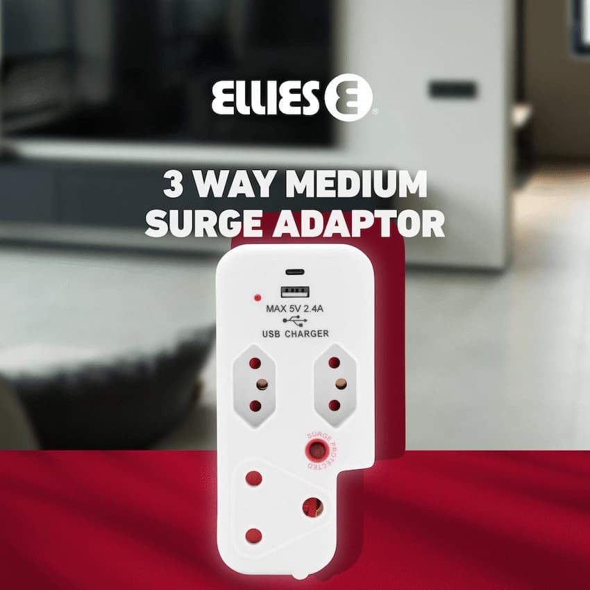 Ellies 3 Way Medium Surge Adaptor with Type C + USB - White