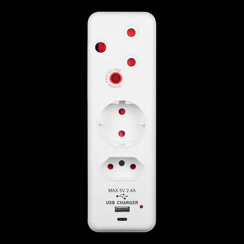 Ellies  3 Way Medium Surge adaptor Schuko,with type C + USB