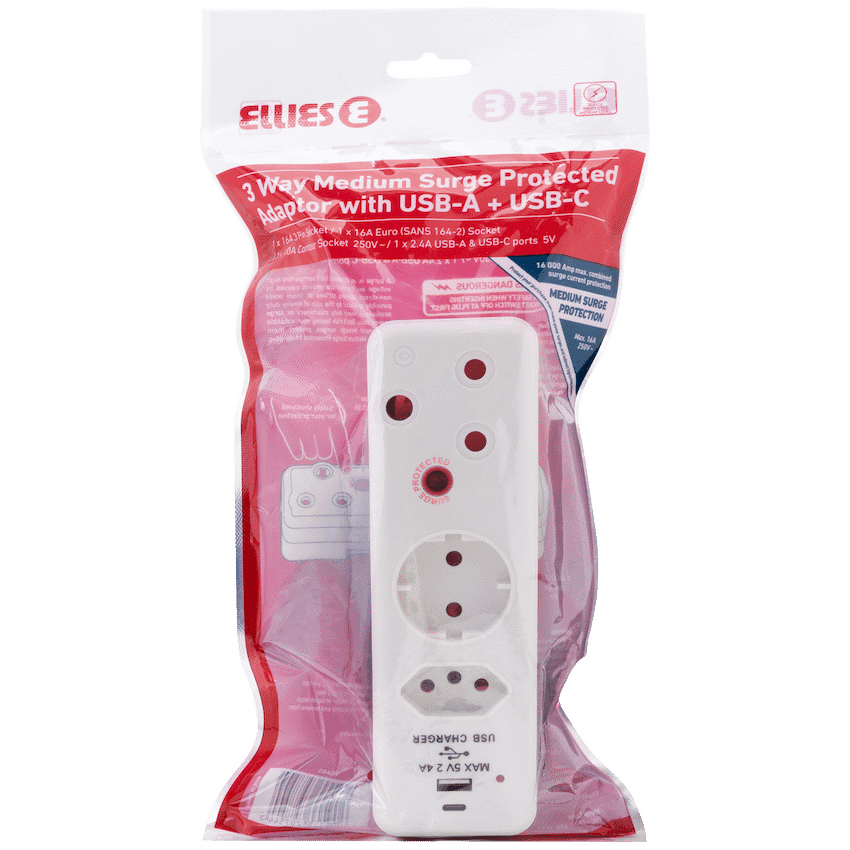 Ellies  3 Way Medium Surge adaptor Schuko,with type C + USB