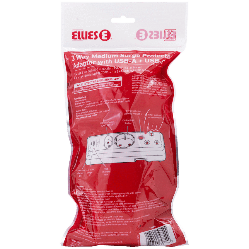 Ellies  3 Way Medium Surge adaptor Schuko,with type C + USB