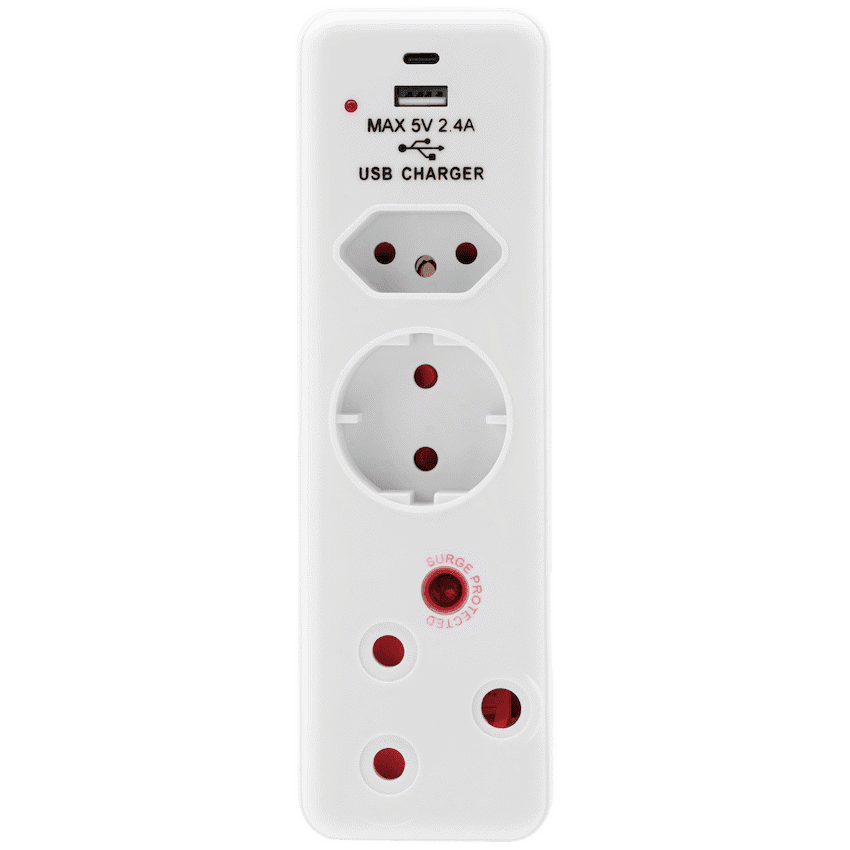 Ellies  3 Way Medium Surge adaptor Schuko,with type C + USB