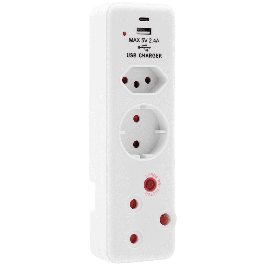 Ellies  3 Way Medium Surge adaptor Schuko,with type C + USB