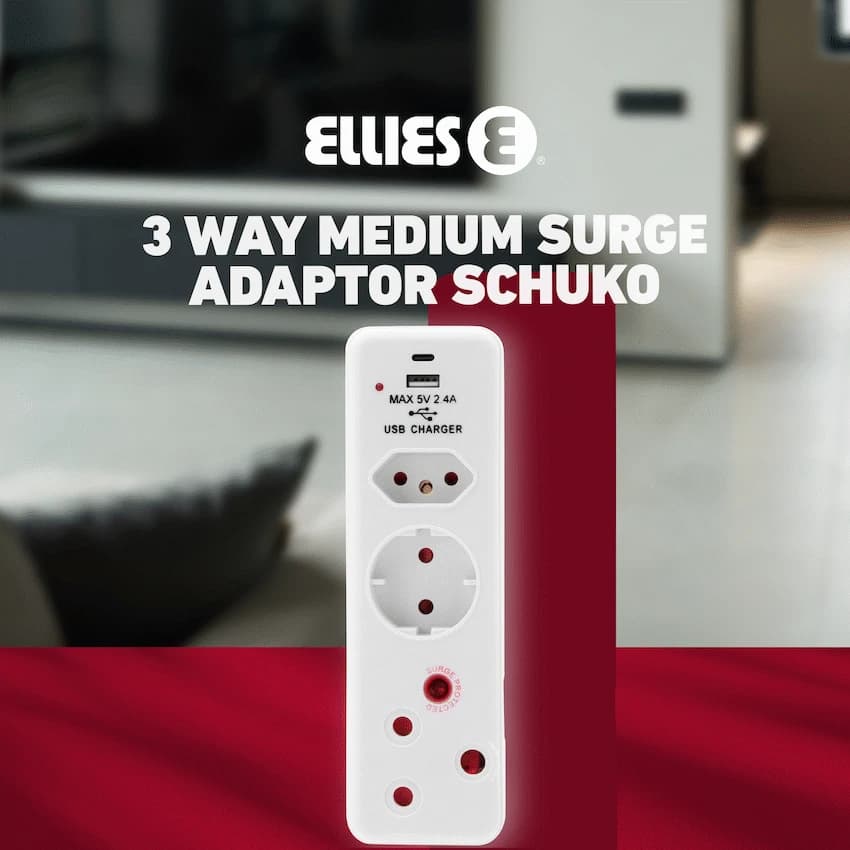Ellies  3 Way Medium Surge adaptor Schuko,with type C + USB
