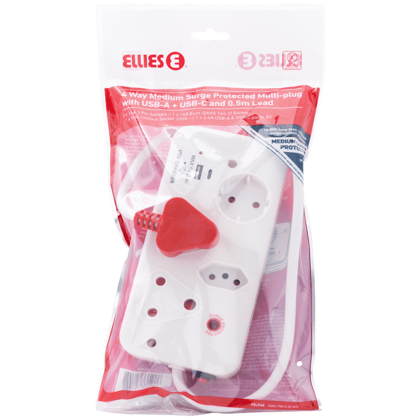 Ellies 4-Way Medium Surge Multiplug with USB-A+USB-C 0.5m