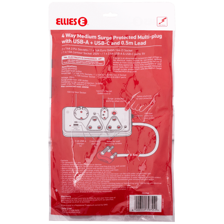 Ellies 4-Way Medium Surge Multiplug with USB-A+USB-C 0.5m