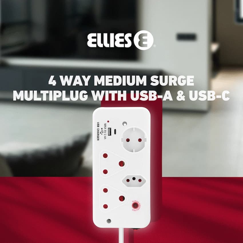 Ellies 4-Way Medium Surge Multiplug with USB-A+USB-C 0.5m