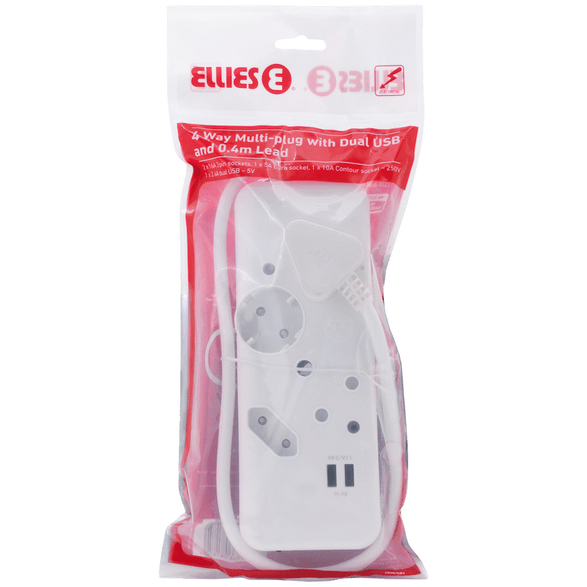 Ellies 4-Way Multiplug - 2 x USB 2.4a - 0.4m