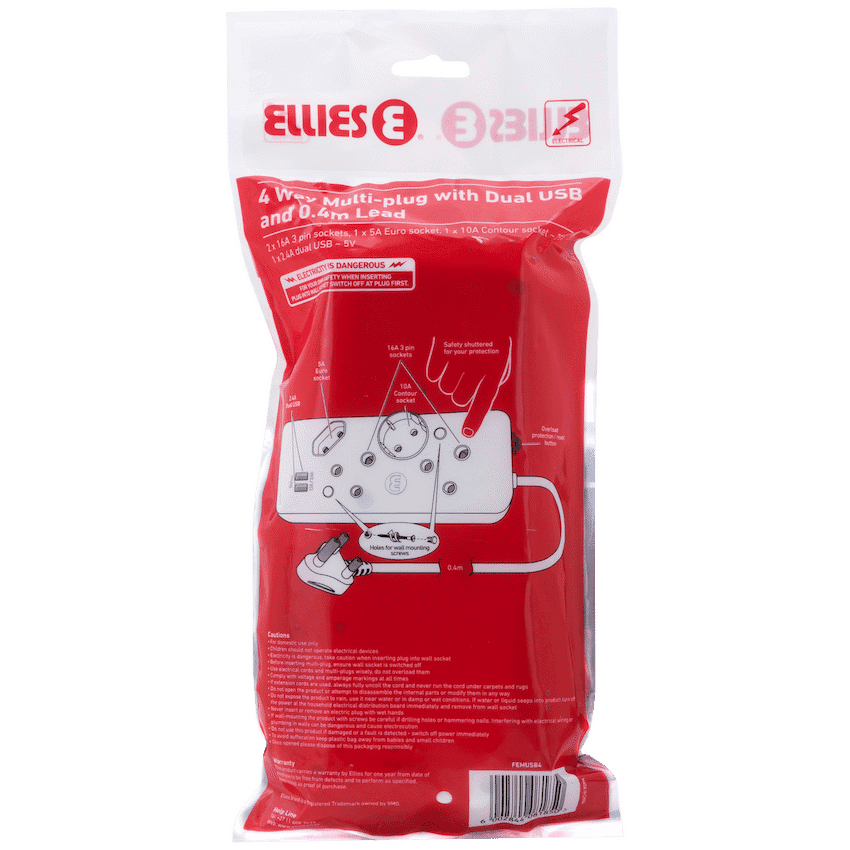 Ellies 4-Way Multiplug - 2 x USB 2.4a - 0.4m