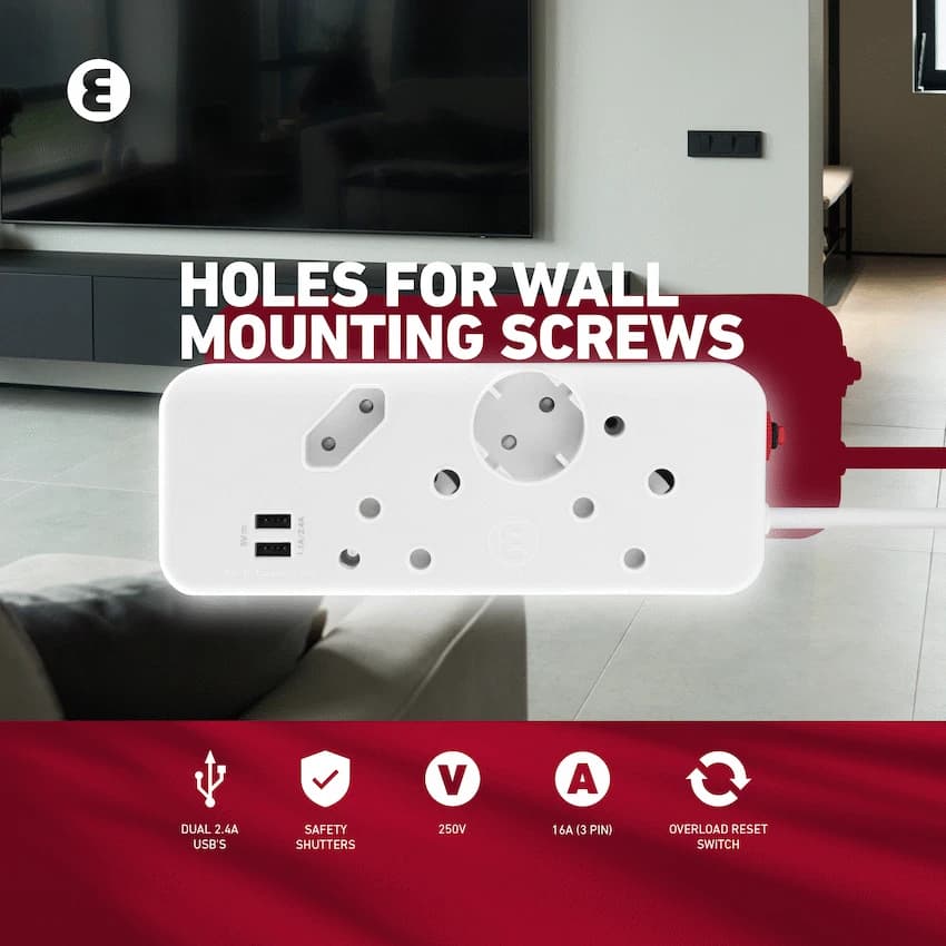 Ellies 4-Way Multiplug - 2 x USB 2.4a - 0.4m
