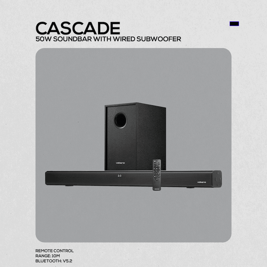 Volkano Cascade 50w Soundbar + Wired Subwoofer - Black