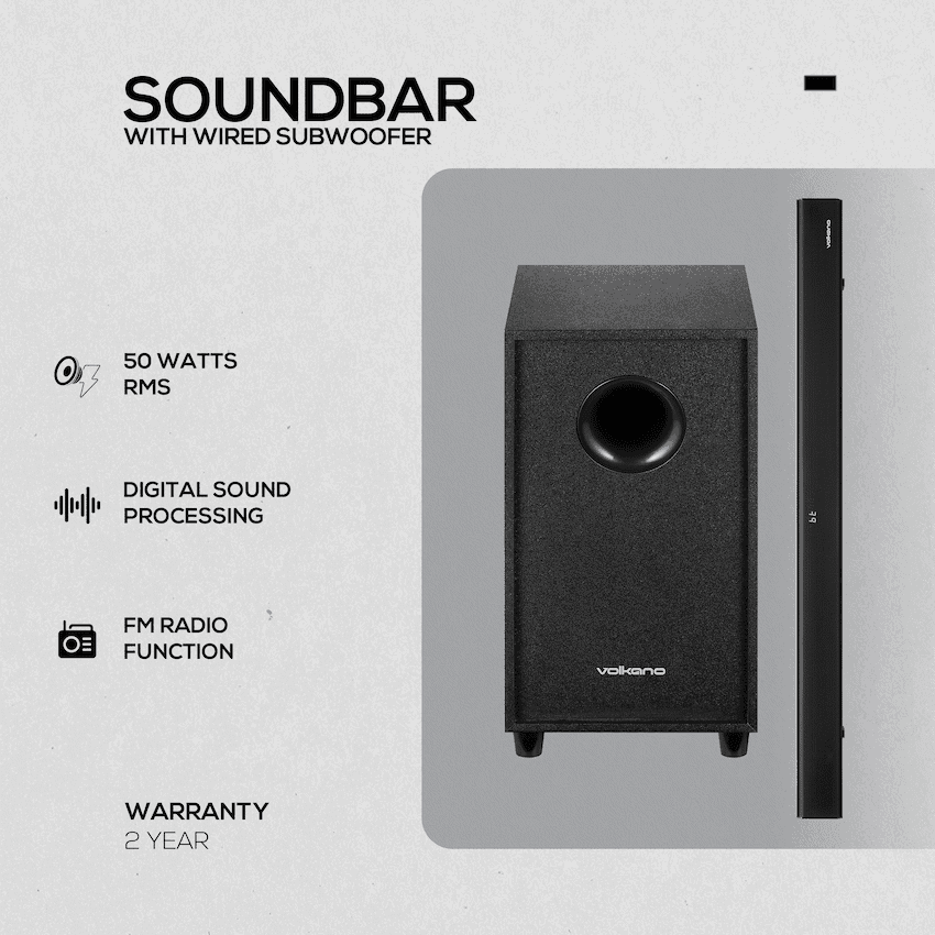 Volkano Cascade 50w Soundbar + Wired Subwoofer - Black