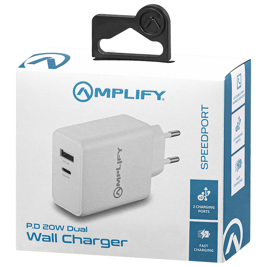 Amplify P.D. 20w Plus USB 12w Dual Wall Charger - White
