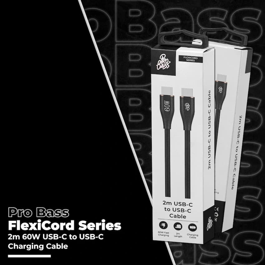 Pro Bass FlexiCord Series 2m 60w Type-C to Type-C Charging Cable - Black