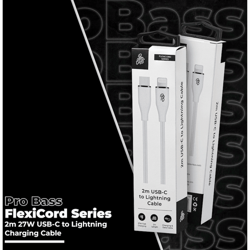 Pro Bass FlexiCord Series 2m 27w Type-C to Lightning Charging Cable - White