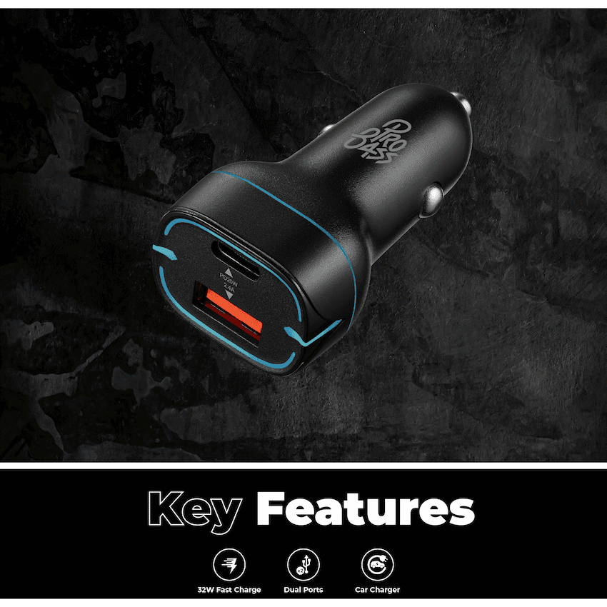 Pro Bass AutoPower Series 32w Dual USB and Type-C Car Charger