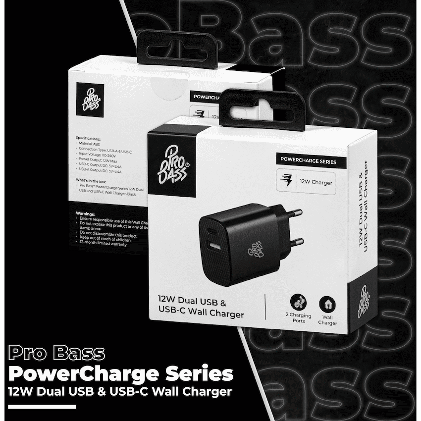 Pro Bass PowerCharge Series 12w Dual USB and Type-C Wall Charger - Black