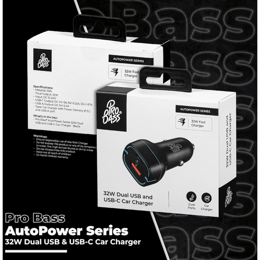 Pro Bass AutoPower Series 32w Dual USB and Type-C Car Charger