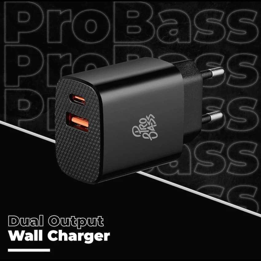Pro Bass PowerCharge Series 12w Dual USB and Type-C Wall Charger - Black