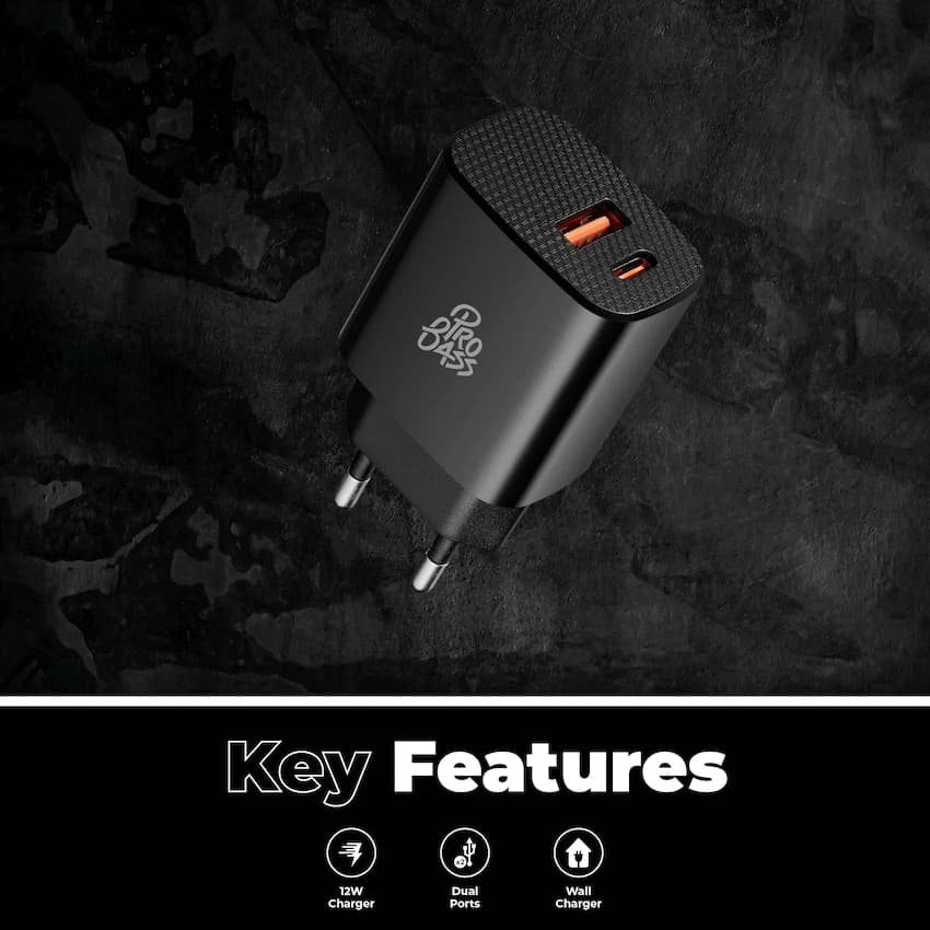 Pro Bass PowerCharge Series 12w Dual USB and Type-C Wall Charger - Black