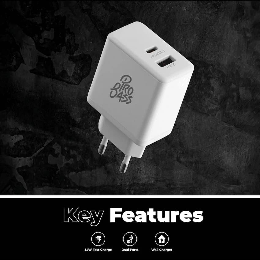 Pro Bass RapidCharge Series 32w Dual USB and Type-C Wall Charger