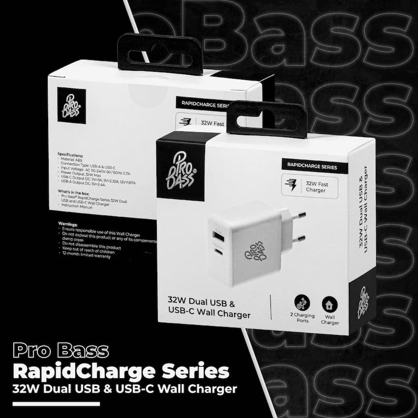 Pro Bass RapidCharge Series 32w Dual USB and Type-C Wall Charger