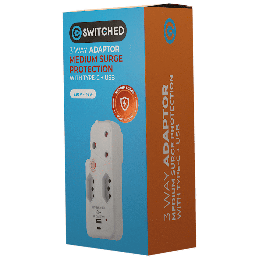 Switched 3-Way Medium Surge Adaptor with Type-C + USB - White