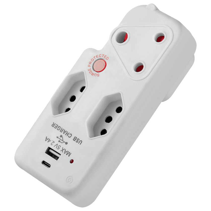 Switched 3-Way Medium Surge Adaptor with Type-C + USB - White