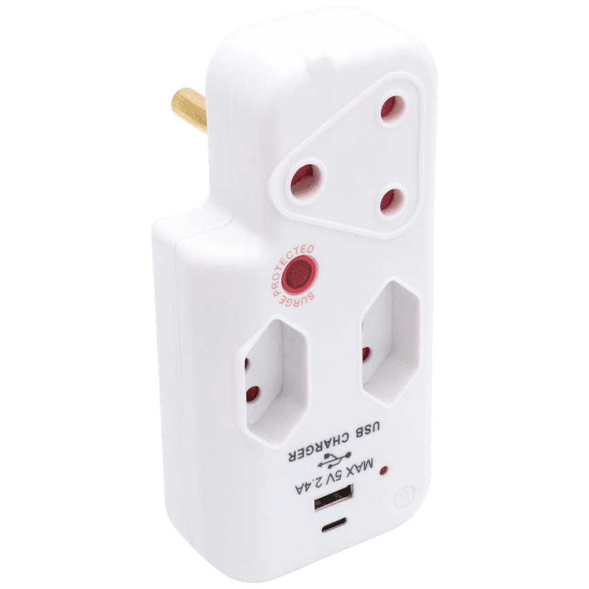 Switched 3-Way Medium Surge Adaptor with Type-C + USB - White