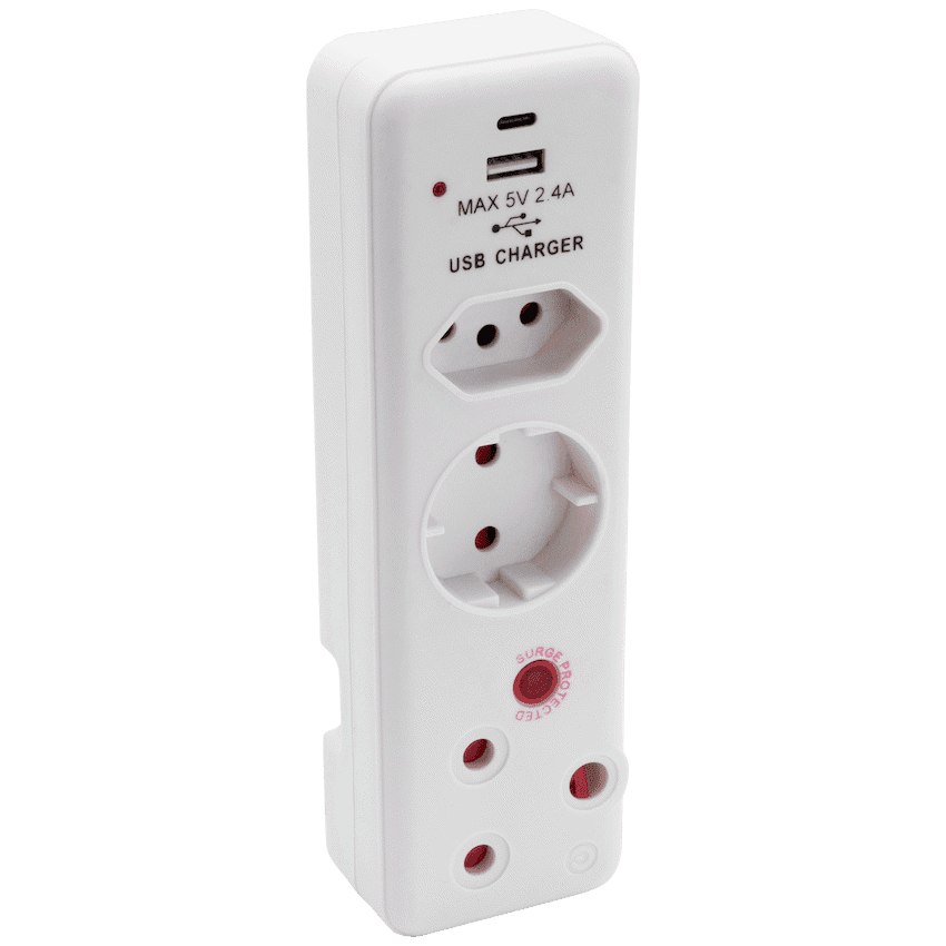Switched 3-Way Medium Surge Adaptor - Schuko with Type-C + USB