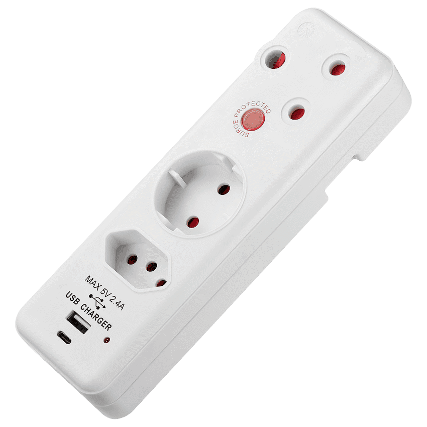 Switched 3-Way Medium Surge Adaptor - Schuko with Type-C + USB