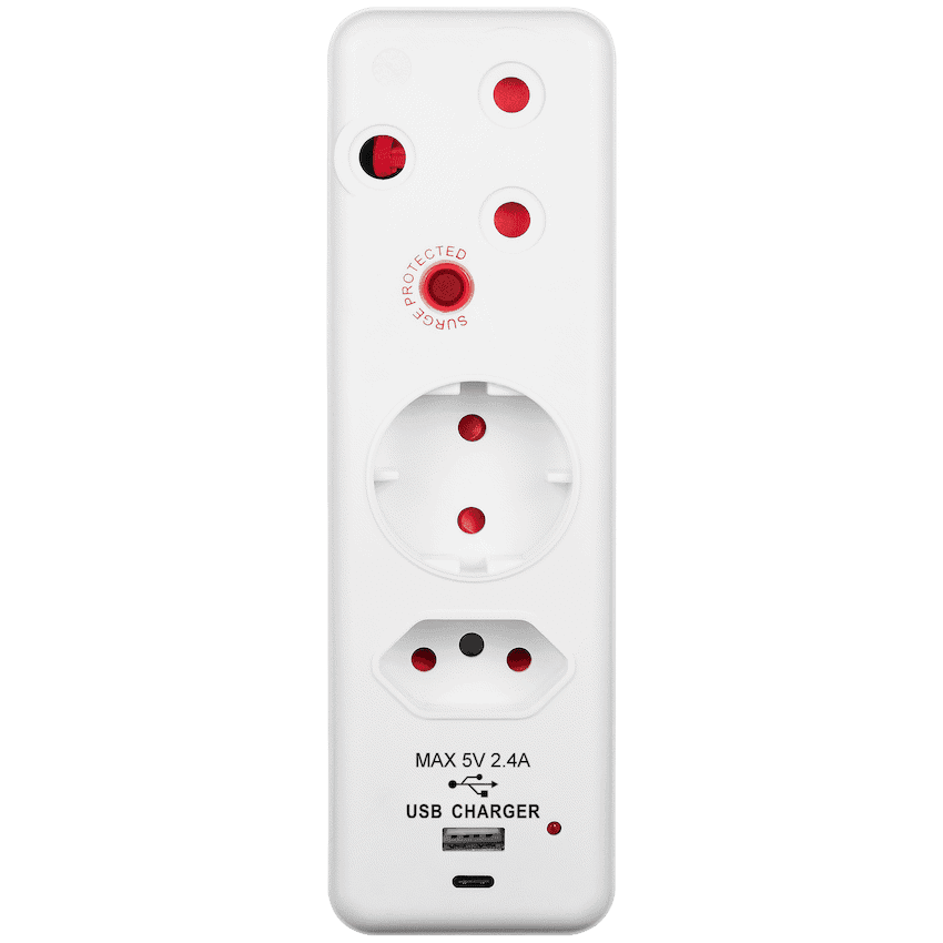 Switched 3-Way Medium Surge Adaptor - Schuko with Type-C + USB