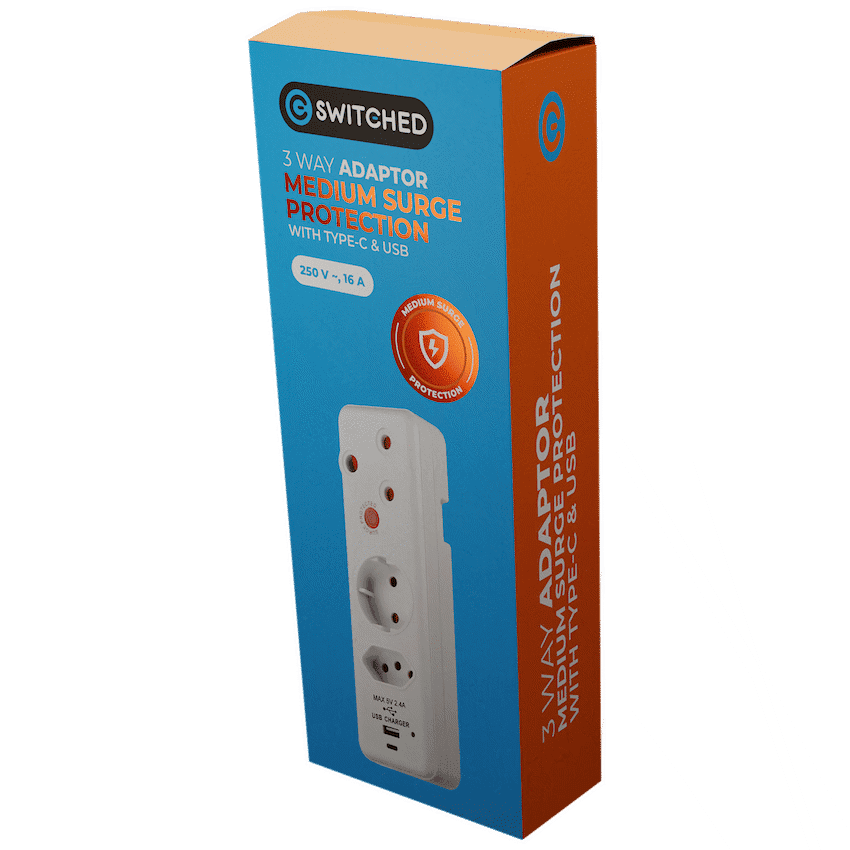 Switched 3-Way Medium Surge Adaptor - Schuko with Type-C + USB