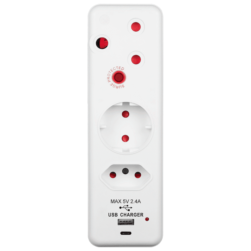Switched 3-Way Medium Surge Adaptor - Schuko with Type-C + USB