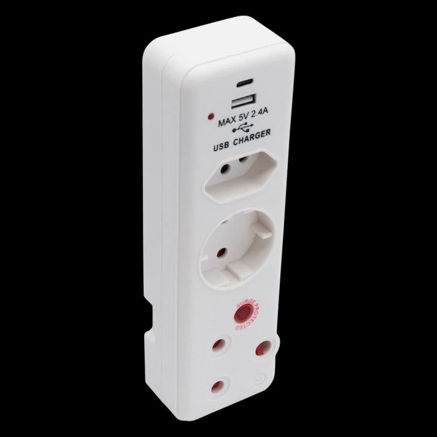 Switched 3-Way Medium Surge Adaptor - Schuko with Type-C + USB
