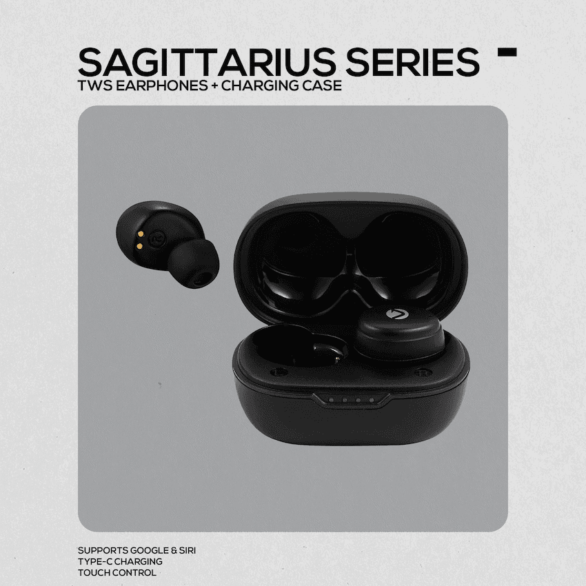 Volkano Sagittarius Series TWS Earphones + Charging Case - Black