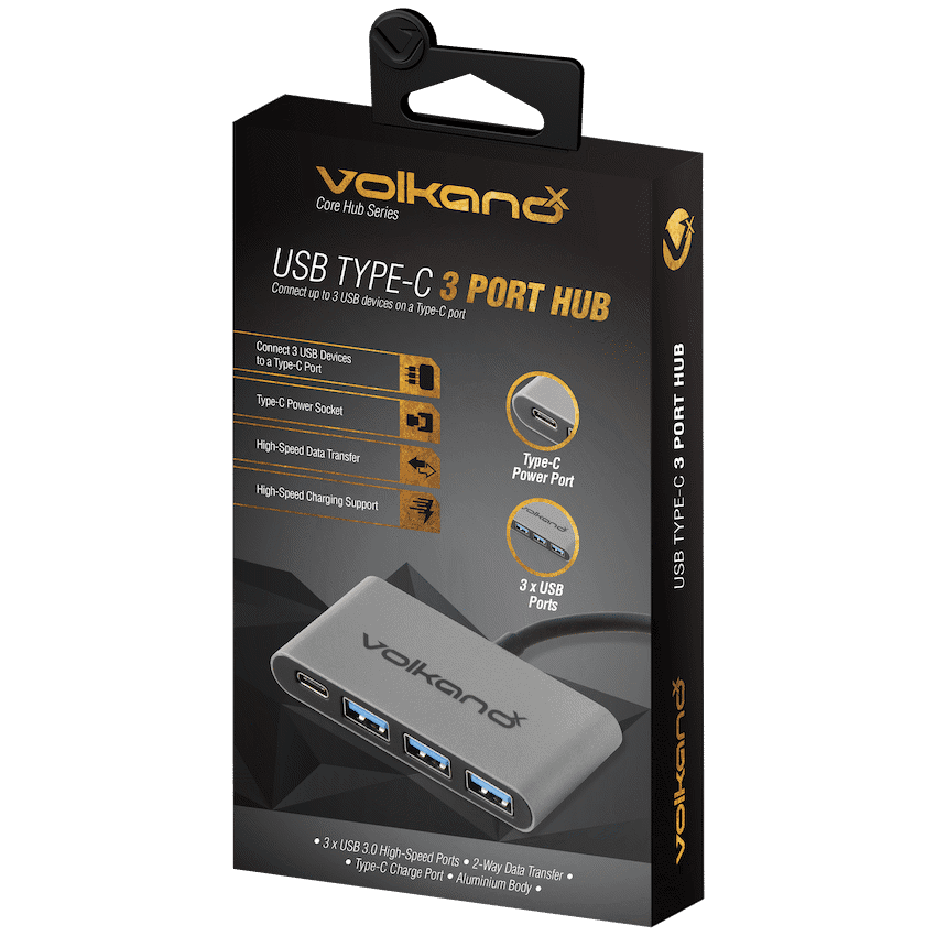 VolkanoX Core Hub series USB Type C to 3x USB 3.0 plus Power - 10cm - Charcoal