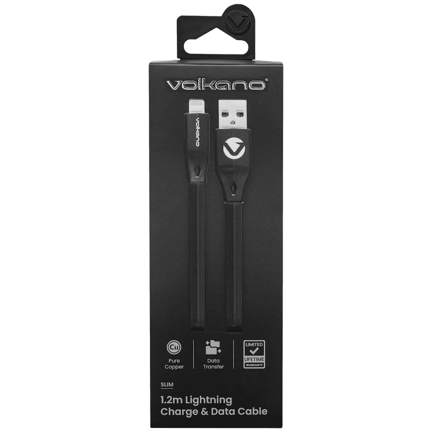 Volkano Slim Series Flat PVC Lightning Cable 1.2m - Black