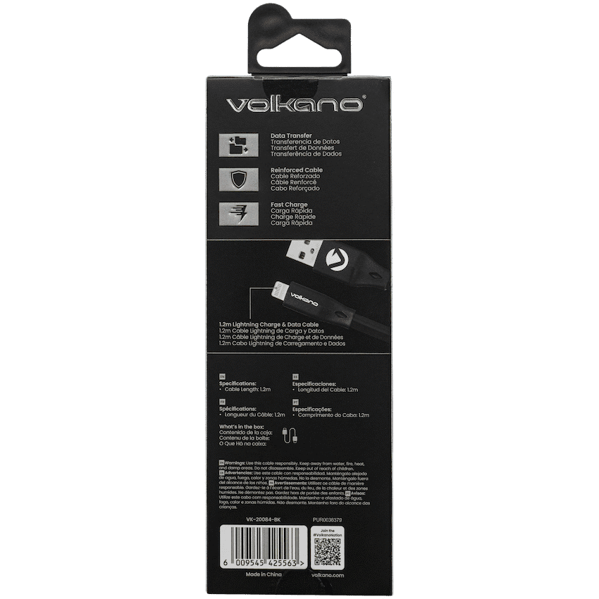 Volkano Slim Series Flat PVC Lightning Cable 1.2m - Black