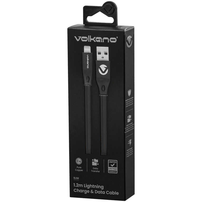 Volkano Slim Series Flat PVC Lightning Cable 1.2m - Black
