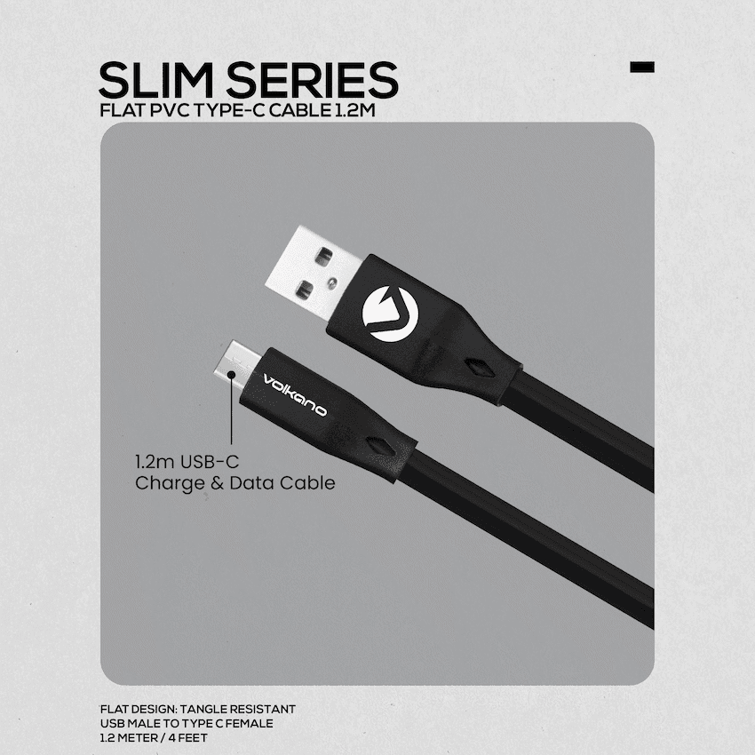 Volkano Slim Series Flat PVC Type-C Cable 1.2m - Black