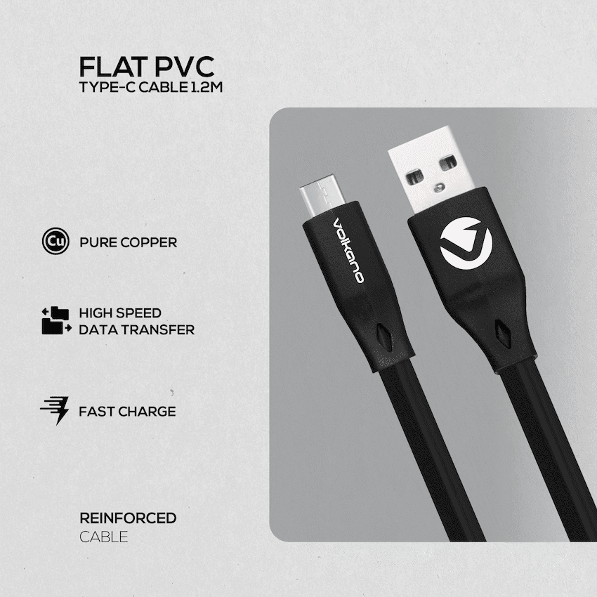 Volkano Slim Series Flat PVC Type-C Cable 1.2m - Black