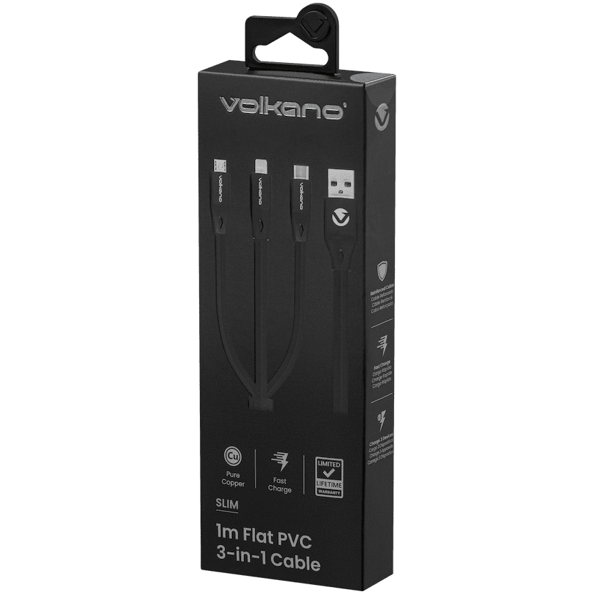 Volkano Slim Series Flat PVC 3-in-1 (Type-C / Lightning / Micro) Cable 30W 1m- Black