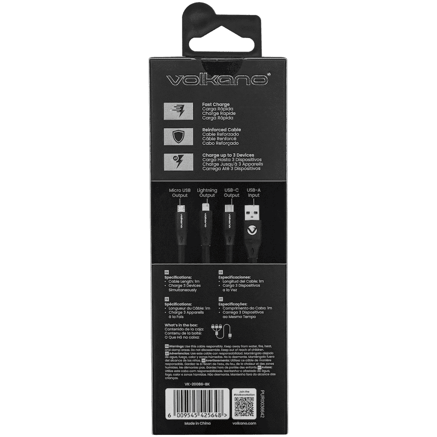 Volkano Slim Series Flat PVC 3-in-1 (Type-C / Lightning / Micro) Cable 30W 1m- Black